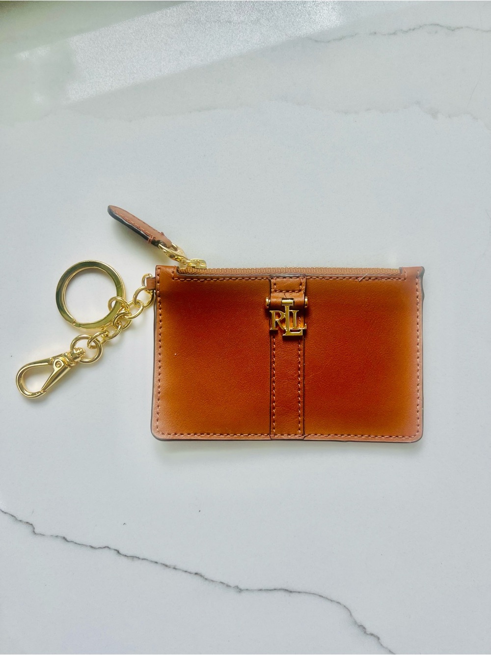 Ralph Lauren Cognac Leather Key & Card Holder with Gold Hardware